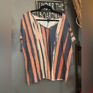 Casual Striped V-Neck Top in Navy, Coral & Cream 1XL